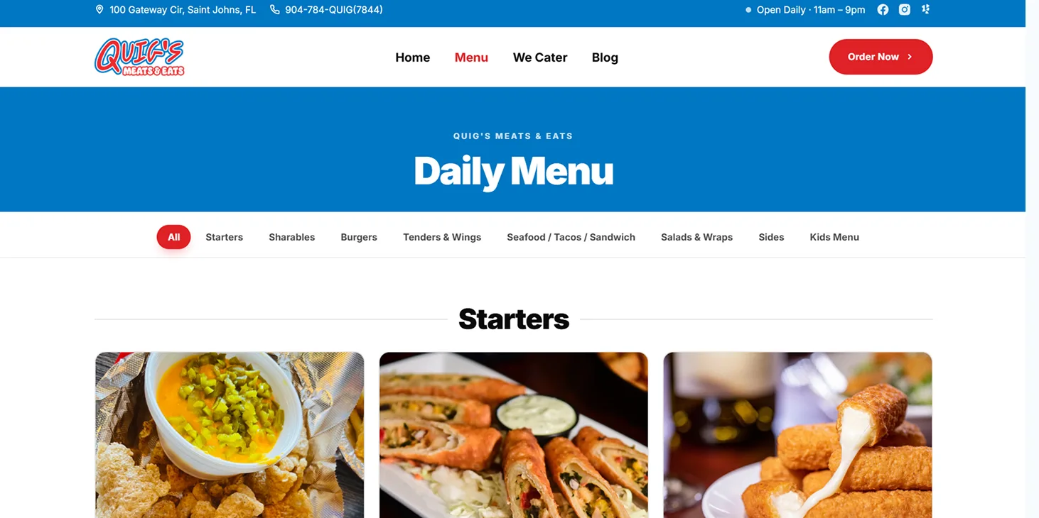 Quig's Meats & Eats daily menu page
