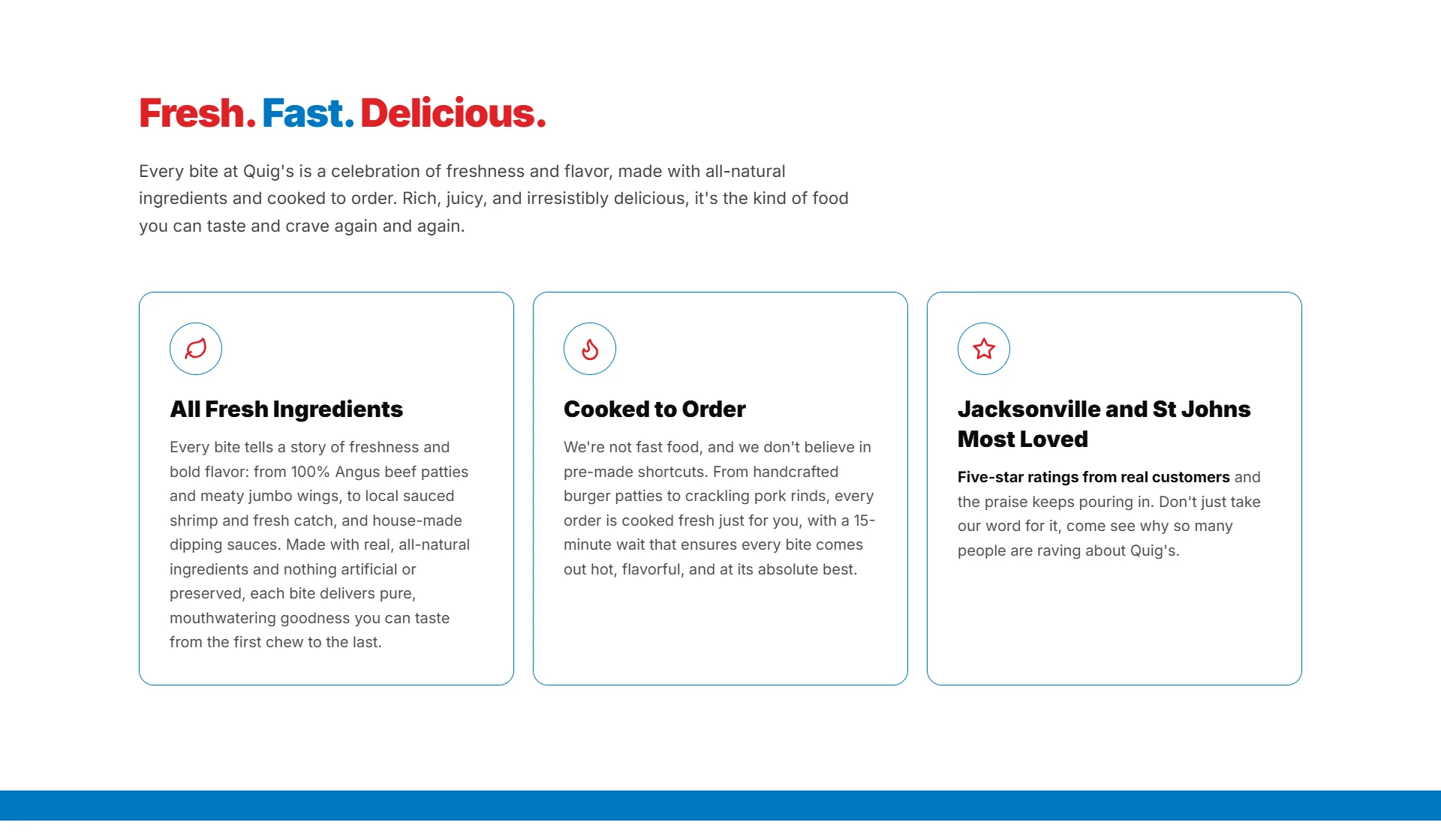 Quig's Meats & Eats homepage value proposition section