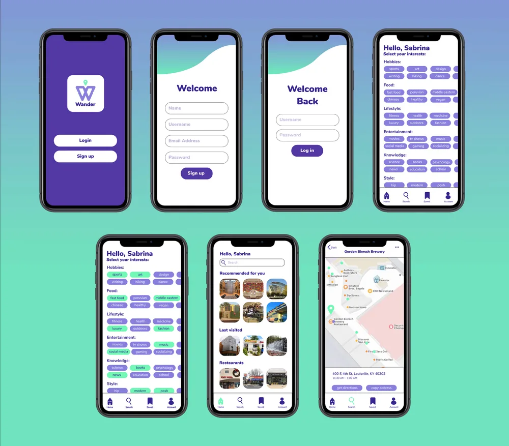 Wander app branding and UI design