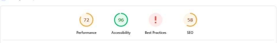 PageSpeed Insights before — Performance 72, SEO 58