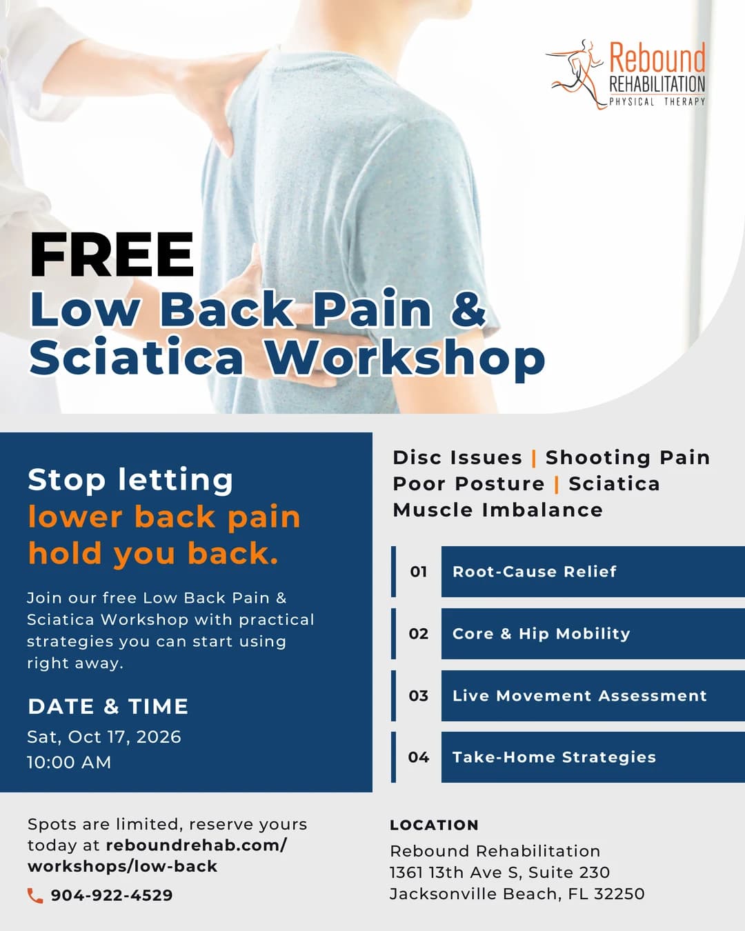 Rebound Rehabilitation flyer for a free Low Back Pain & Sciatica Workshop, navy and orange layout with a numbered agenda, date, and location