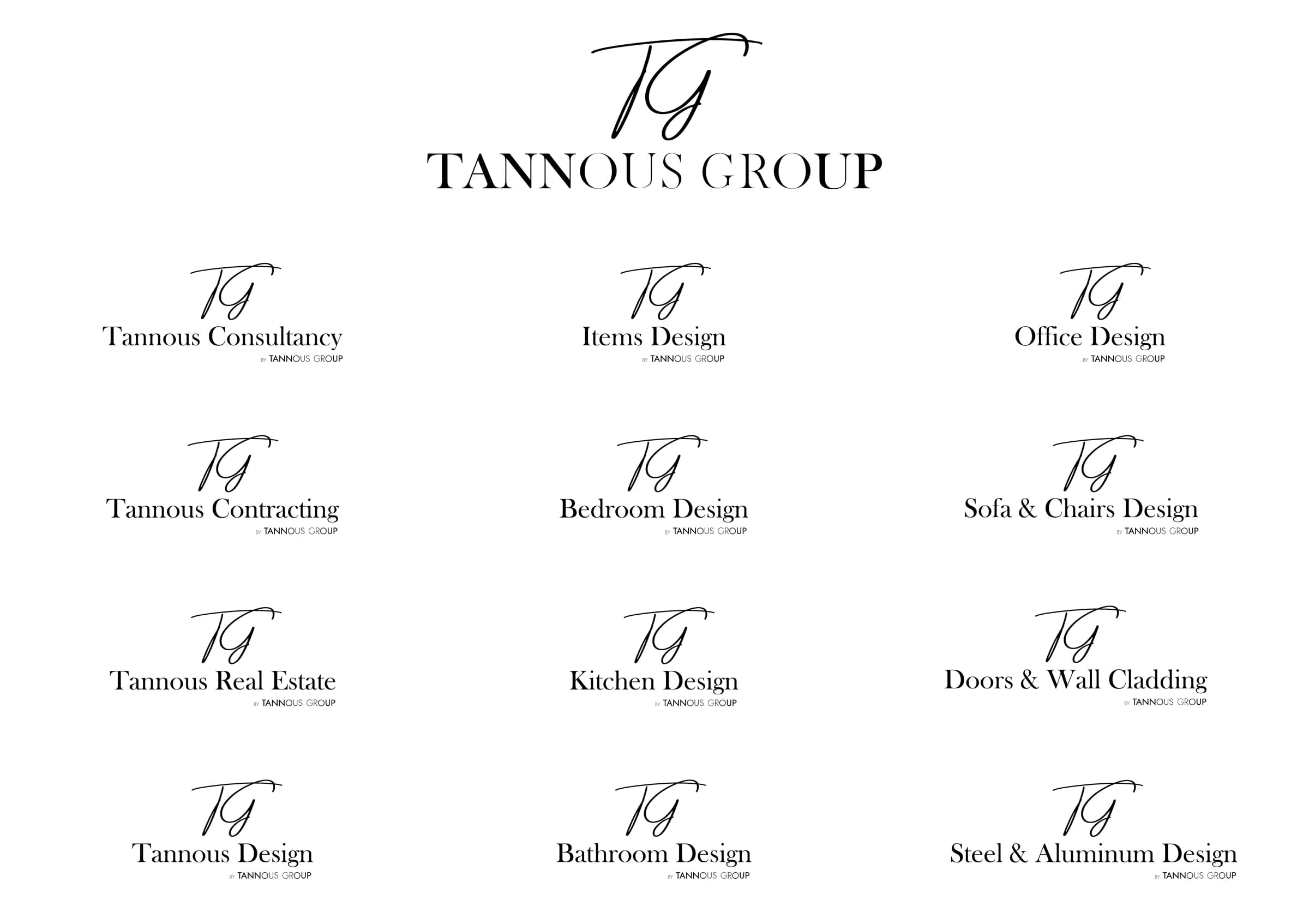 Tannous Group brand identity sheet: the master TG logo and the full sub-brand logo system (Items, Bedroom, Kitchen, Bathroom, Office, Sofa & Chairs, Doors & Wall Cladding, Steel & Aluminum, Consultancy, Contracting, Real Estate, and Tannous Design)
